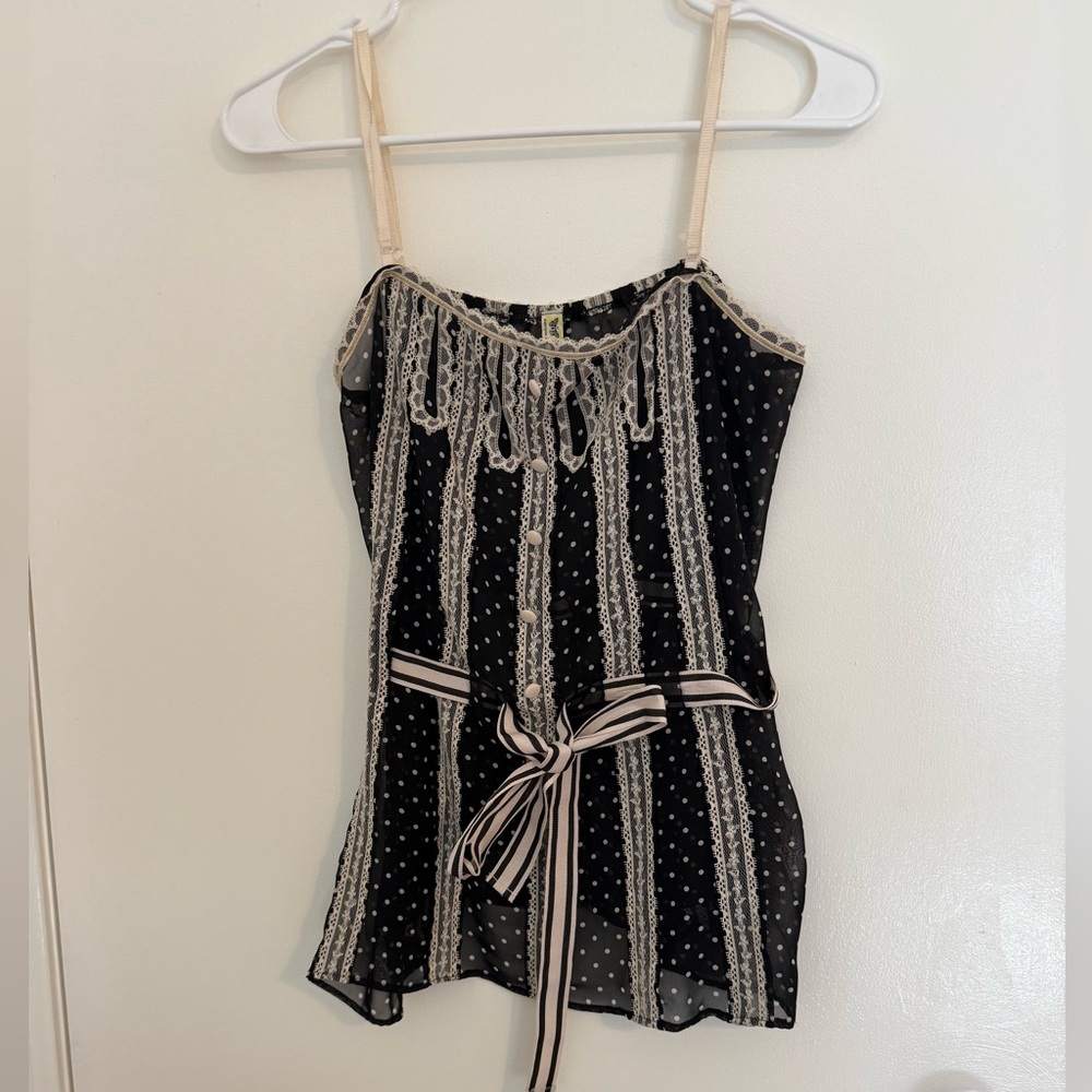 Free People Sheer Black and Cream Lace Polka Dot With Ribbon Tie Sleeveless XS